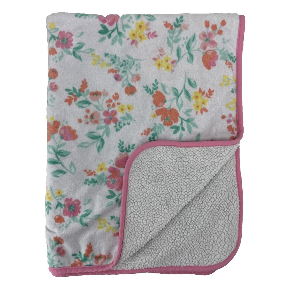 Carters White Pink Trim Yellow Orange Green Floral Sherpa Baby Blanket‎